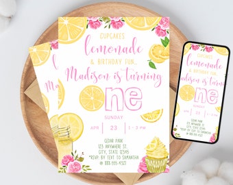 Lemonade First Birthday Invitation – Personalized Pink & Yellow Girls 1st Birthday Digital Invite Printable, Digital Invitation