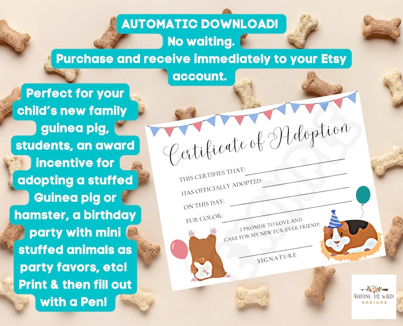 Hamster Adoption Certificate, Instant Download, Guinea Pig Adoption ...