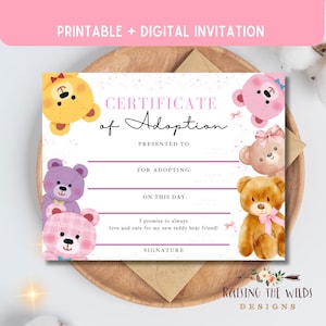 Teddy Adoption Zertifikat, Mädchen so tun, sofort Download, Teddybär Zertifikat, gefüllte Tier, Gastgeschenke, erster Bär, printable