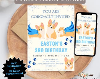 Corgi Birthday Invitation for Boys, Puppy Party Printable, Dog Birthday Invite, Superhero Dog Party, Digital Kids Birthday Card, Print, Text