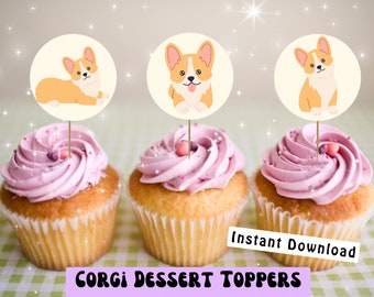 Corgi Cupcake Toppers, Instant Download | Digital Cupcake Toppers, Dessert Toppers, Corgi Cupcake Toppers, Printable Puppies, Dog Party