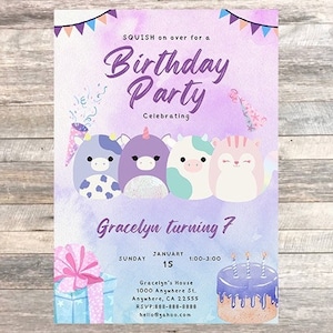 Digital Squish Birthday Invitation, Digital Girls birthday invite, squishy, animals, pink purple, Girl Birthday Party Invite