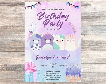 Faire-part d'anniversaire numérique Squish, faire-part d'anniversaire numérique pour filles, spongieux, animaux, rose violet, invitation à une fête d'anniversaire fille