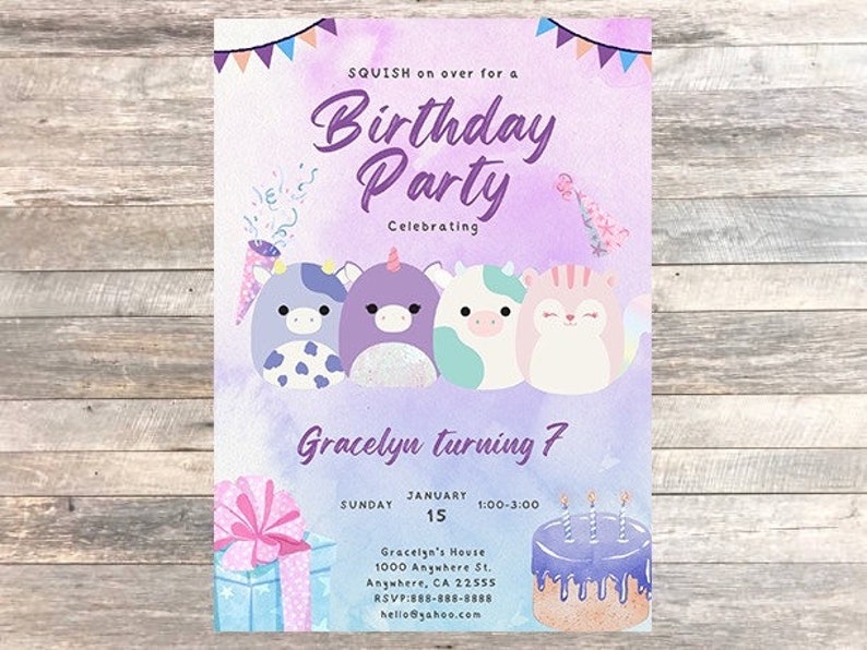 Digital Squish Birthday Invitation Digital Girls birthday invite squishy animals pink purple Girl Birthday Party Invite