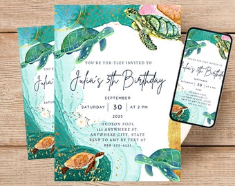 Turtle Invitation, Digital, Watercolor, Turtle Party, Sea turtle Celebration Kids Birthday Invite, Under the Sea Invitation, sea green