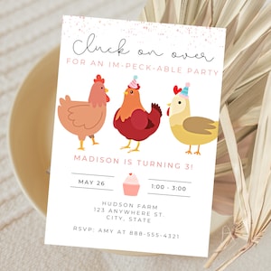 Chicken Birthday Invite, Digital Girls Birthday invitation, Cluck, Chicks, Minimal, Printable, Social Media, digital invite, farm invite
