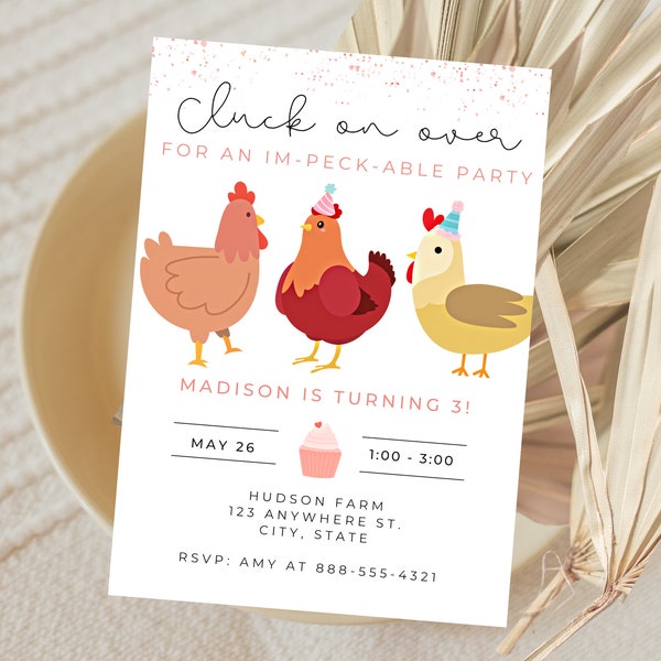 Chicken Birthday Invite, Digital Girls Birthday invitation, Cluck, Chicks, Minimal, Printable, Social Media, digital invite, farm invite