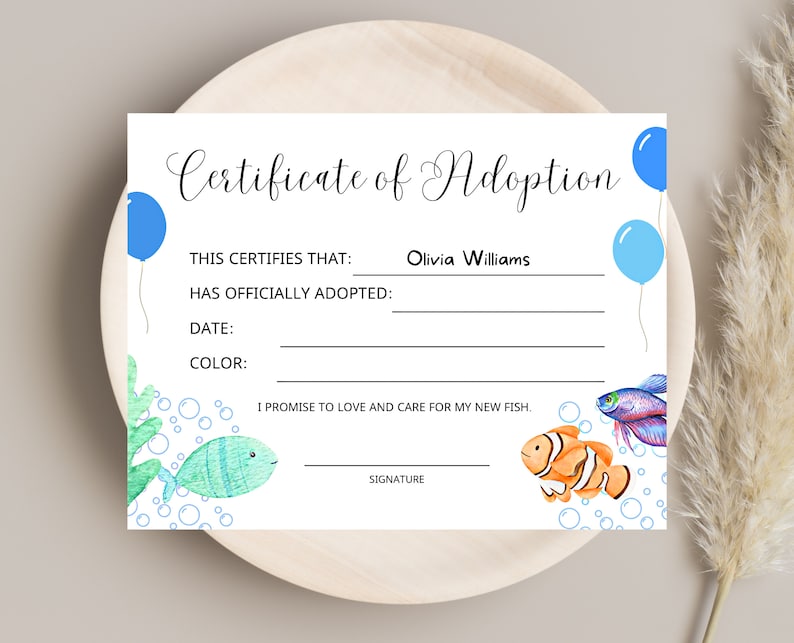 Pet Fish Adoption Certificate, Instant Download, Printable, Fish Party Favor, for Party Favors ...