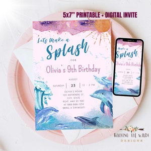 Dolphin Invitation | Digital Invite, Ocean Invite, 5x7, Dolphins Under the Sea Beautiful Water Beach Printable Textable, Dolphin Birthday