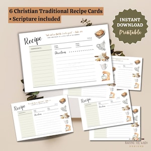 May include: Six Christian traditional recipe cards with scripture included. Each card has space for ingredients, directions, and title. Watercolour illustrations of baking tools and bread decorate the cards. The words "Recipe" and "Printable" are visible.