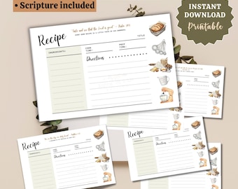 Scripture Recipe Cards Printable – 6x4” Vintage Christian Farmhouse Kitchen Set, Gift – Instant Download