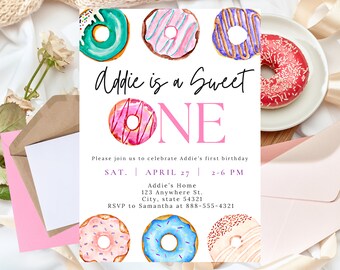 Donut First Birthday Invitation: Girls Donut Theme (Digital Download) - Donut themed Birthday Party, Brunch Invitation, Baby Shower Invite
