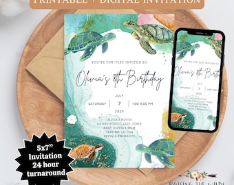 May include: A digital invitation for Olivia's 8th birthday, featuring watercolor sea turtles and teal and gold accents. The invitation is 5x7 inches and includes event details. A smartphone displays the invitation. The text reads "You're Tur-tley Invited".