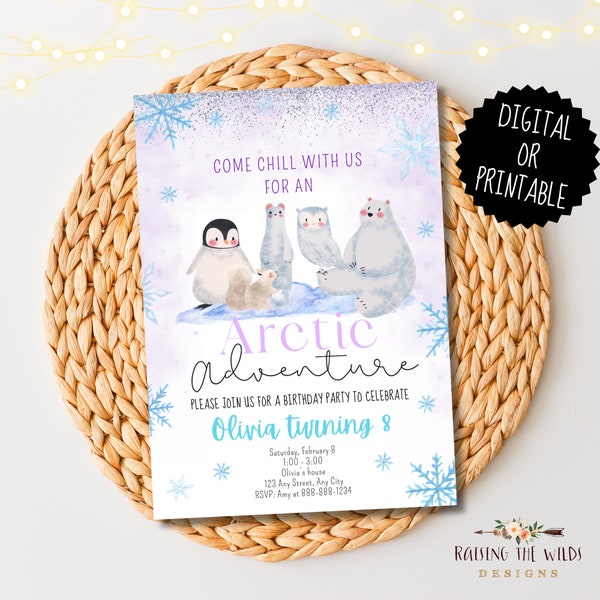 Arctic Animal Birthday Invite, Digital Girls Birthday invitation, Snow Birthday, Winter Wonderland, Printable, Winter Animals, Polar Bear