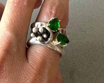 Sterling Silver Statement Ring | Green Crystal Accents, Size 7