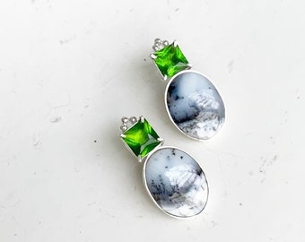 Dendrite Opal Sterling Silver Earrings | Green Crystal Accent