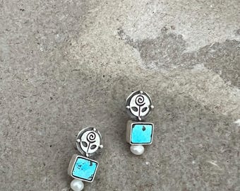 Dainty Turquoise Pearl Earrings: Sterling Silver Floral Studs