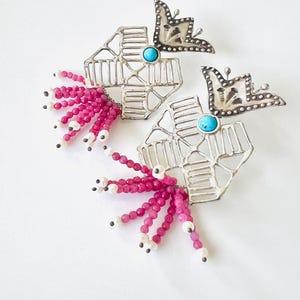 Handmade Sterling Silver Earrings: Turquoise, Pearl, and Pink Jade