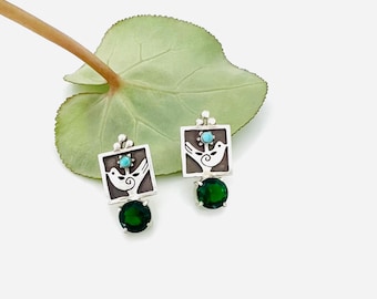 Kind bird square earrings | 925 Sterling Silver handmade stud | unique square minimalist stud | floral bird earrings | unique artistic gift