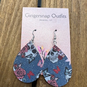 Floral Skull Medium Faux Leather Earrings