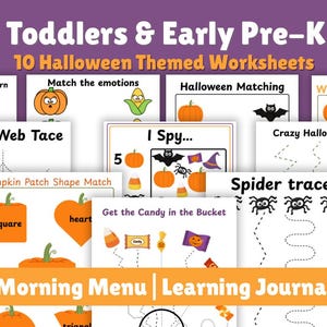 Puede incluir: Una colección de hojas de trabajo con temática de Halloween para niños pequeños y preescolares. Las hojas de trabajo incluyen actividades como emparejar emociones, I Spy, emparejar formas y trazar. La imagen presenta calabazas, murciélagos y caramelos de maíz.