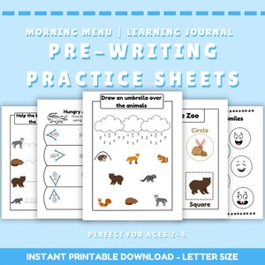 May include: A stack of printable pre-writing practice sheets for ages 2-4, featuring animal illustrations and tracing activities. The sheets include prompts like "Draw an umbrella over the animals" and "Help the". The text reads "Morning Menu | Learning Journal" and "Instant Printable Download - Letter Size".