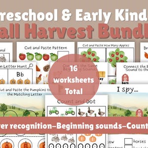 Puede incluir: Un paquete de 16 hojas de trabajo para preescolar y primer ciclo de primaria con temática de cosecha de otoño. Las hojas de trabajo incluyen actividades de reconocimiento de letras, sonidos iniciales y conteo. La imagen tiene el texto "Fall Harvest Bundle".