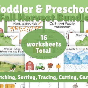 May include: A bundle of 16 toddler and preschool worksheets with a fall harvest theme. The worksheets include activities for matching, sorting, tracing, cutting, and games. The image features illustrations of pumpkins, apples, a tractor, and a barn.