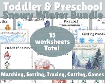 May include: A bundle of 15 winter-themed worksheets for toddlers and preschoolers. The worksheets include matching, sorting, tracing, cutting, and games. The bundle features illustrations of snowmen, snowflakes, mittens, and hot cocoa.