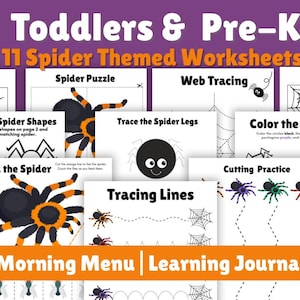 May include: A set of 11 spider-themed educational worksheets for toddlers and pre-K students titled Toddlers & Pre-K 11 Spider Themed Worksheets. The pages feature black and orange spider illustrations, tracing lines, puzzles, and cutting practice.