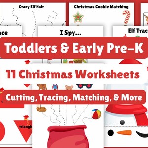Puede incluir: Un conjunto de 11 hojas de trabajo con temática navideña para niños pequeños y preescolares. Las hojas de trabajo incluyen actividades como cortar, trazar y emparejar, con ilustraciones coloridas de galletas navideñas, elfos y muñecos de nieve.