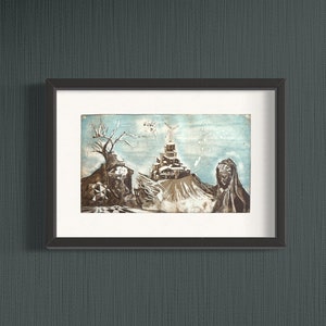 Etching artprint showing the pantheon, windmill, town on a cliff, people, a geometrical figure, and a sad woman. The print is brown and blue with white details