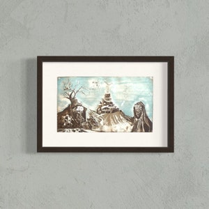 Etching artprint showing the pantheon, windmill, town on a cliff, people, a geometrical figure, and a sad woman. The print is brown and blue with white details