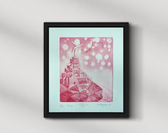 Limited original Aquatint Etching art print City, Gift Idea, Home decor, Christmas gift, sustainable energy art in red