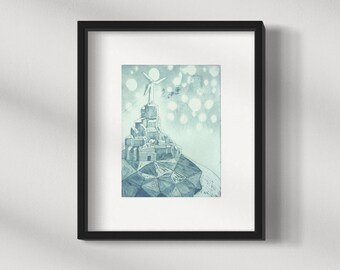 Limited original Aquatint Etching art print City, Gift Idea, Home decor, Christmas gift, sustainable energy art