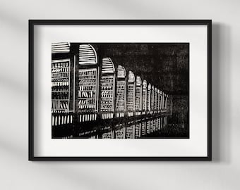 Woodcut Library Limited Large Art print - handprinted -  Architecture Trinity Black and White, Boho wall art, Book Lover Mothers day gift