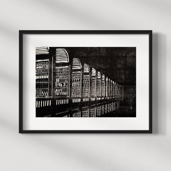 Woodcut Library Limited Large Fine Art print -handprinted- Architecture Black and White, Minimalist Boho wall art, Christmas Book Lover Gift