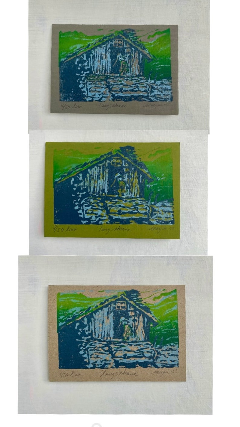 Linocut greeting card with traditional norwegian cabin and woman. Signed and numbered, in colors green blue and lightblue, other card background options in gray, green and brown