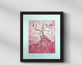 Etching art print Salix tree and moon, aquatint limited signed and numbered, Fantasy and Gothic home decor and Gift idea