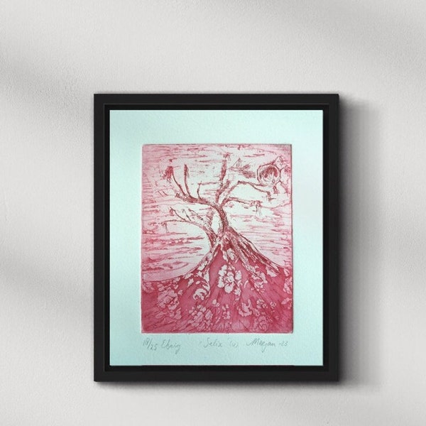 Etching art print Salix tree and moon, aquatint limited signed and numbered, Fantasy and Gothic home decor and Gift idea