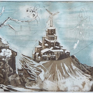 Etching artprint showing the pantheon, windmill, town on a cliff, people, a geometrical figure, and a sad woman. The print is brown and blue with white details