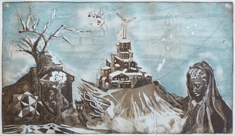 Etching artprint showing the pantheon, windmill, town on a cliff, people, a geometrical figure, and a sad woman. The print is brown and blue with white details