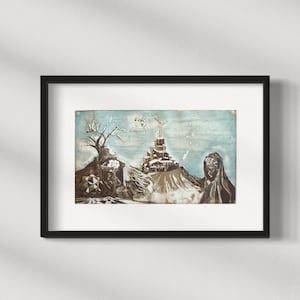 Etching artprint showing the pantheon, windmill, town on a cliff, people, a geometrical figure, and a sad woman. The print is brown and blue with white details