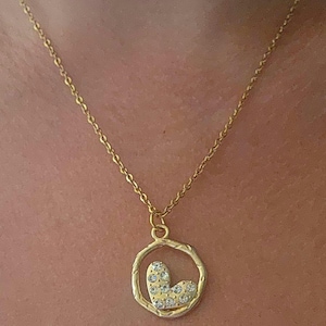 Gold Rhinestone Circle Heart Pendant Necklace, Gold Charm Necklace, Heart Jewelry, Gift For Her, Christmas Gift, Wedding Gifts