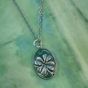 Green Clover Resin Silver Charm Necklace, Four Leaf Clover Pendant Necklace, Flower Jewelry,  Gift For Her, Gift For Teen