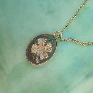 Green Clover Resin Gold Charm Necklace, Four Leaf Clover Pendant Necklace, Cherry Jewelry,  Gift For Her, Gift For Teen