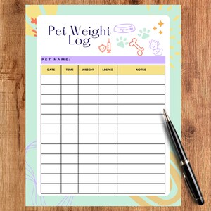 May include: A Pet Weight Log on a wooden surface. The log has a light green border with a floral design. The title "Pet Weight Log" is at the top. A black pen rests on the right side of the log. The log includes sections for date, time, weight, and notes.