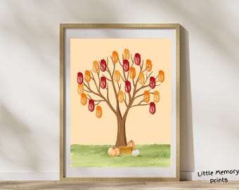 May include: A printable fall tree with orange, yellow, and red leaves. The tree is surrounded by a green grassy area with pumpkins and a basket of gourds at the base.