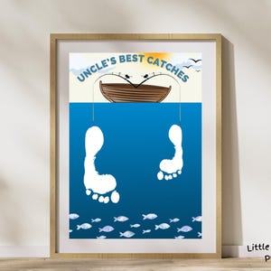 May include: A framed illustration of a boat with fishing rods and the text "Uncle's Best Catches". Two white footprints are hanging from the fishing lines in the blue water below the boat. There are small blue fish swimming in the water.