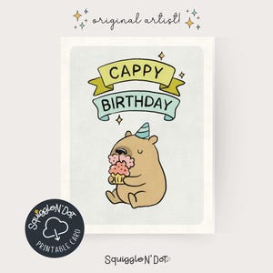 Cartão de aniversário Cappy para impressão – Saudação de aniversário engraçada com cupcake de capivara – Cartão faça você mesmo para download instantâneo – Squiggle N’ Dot Original